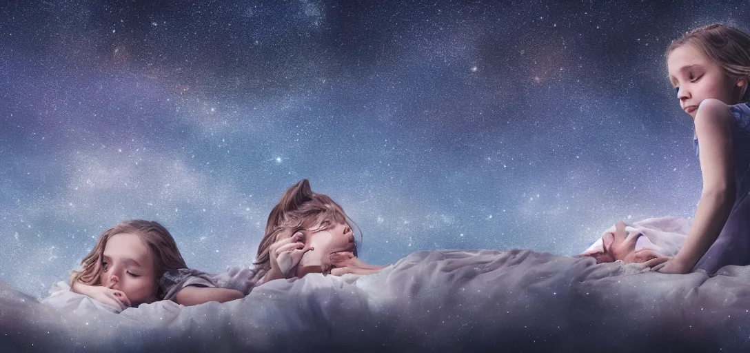 Prompt: star sky , night sky, cinematic,sky strewn with stars, little girls lying on the roof high detail, photorealism, sharp focus, star sharpness, different angles, 4k, UHDR