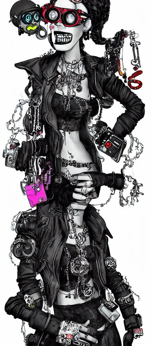 Image similar to a cybergoth woman wearing goggles and eccentric jewelry by jamie hewlett :: full body character concept art, detailed, intricate