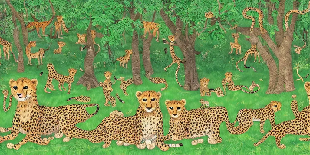 Prompt: whole family of cheetah and lion in happy forest , huge scale, high detail, intricate by Axel Scheffler