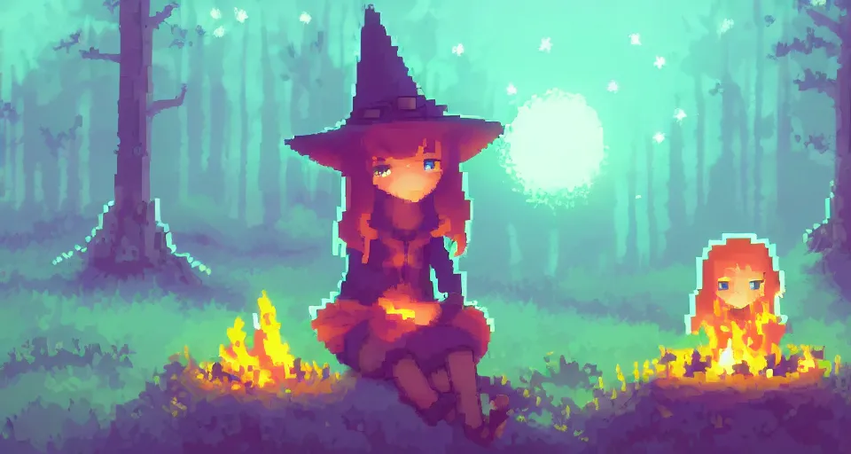 Image similar to Pixelart of a small cute witch sitting at a cozy bonfire in the forest meadow under starry sky, volumetric lighting, digital pixel art, pixiv, by Aenami