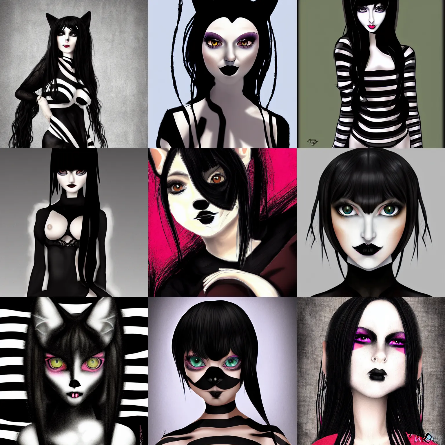 Prompt: portrait of a goth catgirl, black t - shirt, striped pantyhose, digital art by victoria frances