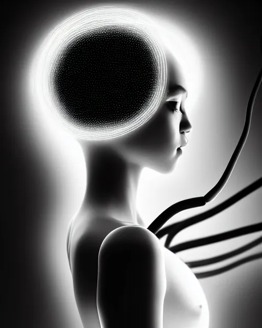 Prompt: black and white dreamy spiritual connected young female cyborg - plant goddess high quality photo, microchip, artificial intelligence, bio - mechanical bio - luminescence, black wired cables, neurons, nerve cells, cinematic, rim light, photo - realistic, elegant, high detail, 8 k, masterpiece, high fashion