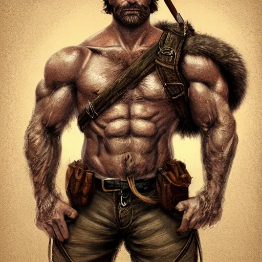 Image similar to portrait of a rugged ranger, muscular, upper body, hairy torso, D&D, fantasy, intricate, elegant, highly detailed, digital painting, artstation, concept art, smooth, sharp focus, illustration, art by Charles Sillem Lidderdale