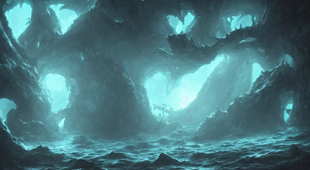 Prompt: Underwater luminescent cave with Leviathans, eerie, emotion, moody, concept art, cinematic