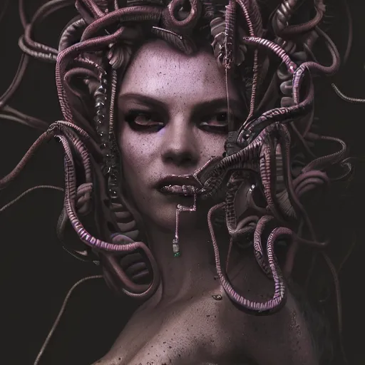 Image similar to Cyberpunk medusa, dark atmosphere, cinematic shot, intricate, ornate, photorealistic, ultra detailed, realistic, 35mm, photography, neon, octane, high definition, depth of field, bokeh, 8k, artstation