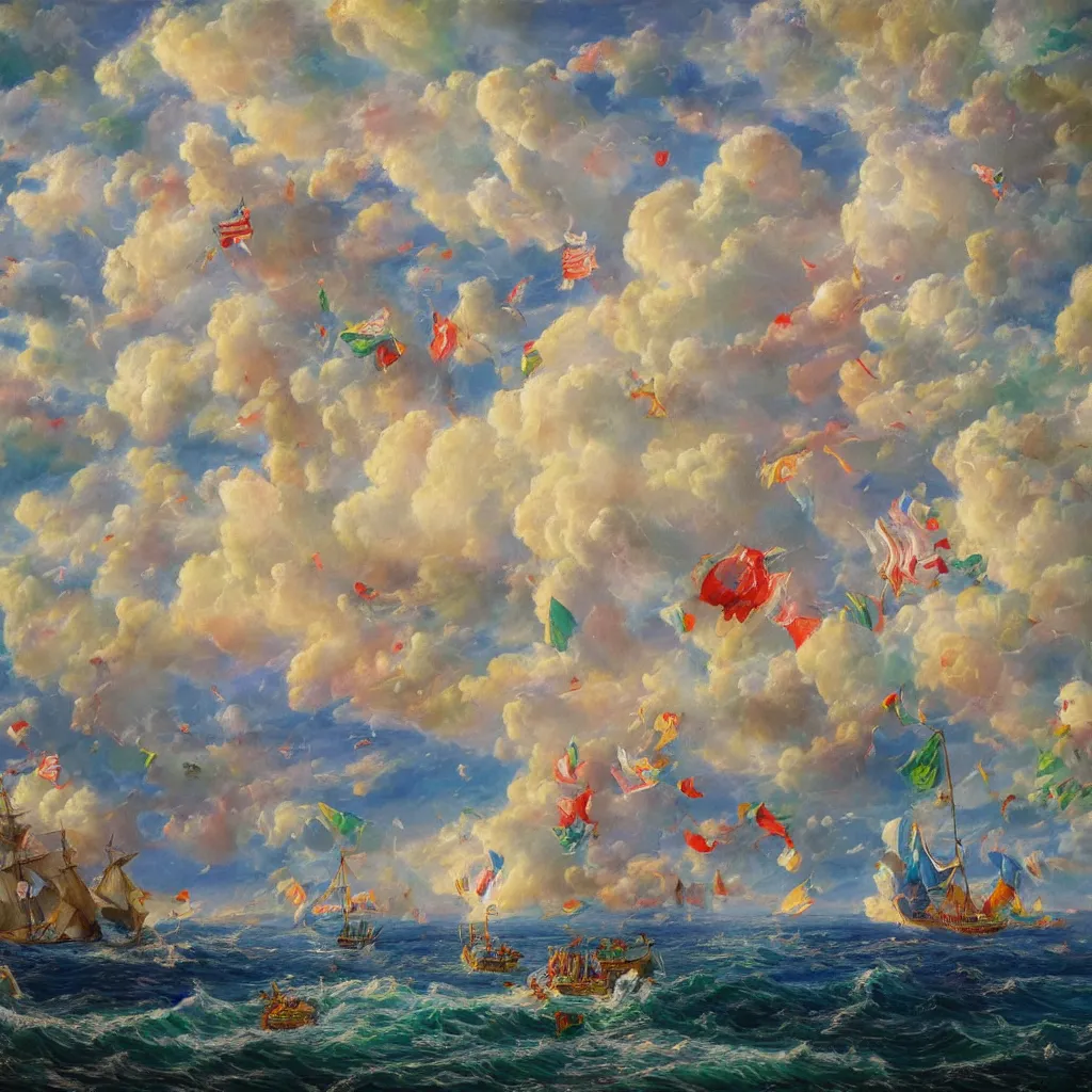 Prompt: 3d high relief painting of sea like jelly,Rainbow clouds like sheep floating lightly in the air, Sailing ship with flying flags,dreamy, soft , highly detailed, expressive impressionist style, in the style of Yuri Anatolyevich Obukhovskiy