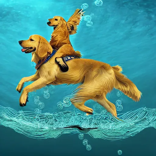 Prompt: a golden retriever riding on the back of an eagle, underwater, with a school of fish behind them, digital art