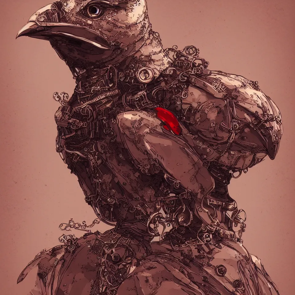 Image similar to a detailed concept art steampunk of a bust bird by miguel nogueira, gradient dark red, cream and white color scheme, dynamic lighting, cinematic, epic composition, masterpiece