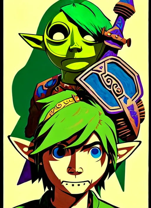 Image similar to majoras mask link!! from the legend of zelda!! portrait illustration, pop art, splash painting, art by geof darrow, ashley wood, alphonse mucha, makoto shinkai