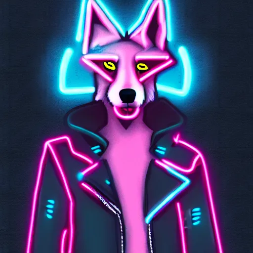 Image similar to beautiful furry art portrait commission of a androgynous furry anthro wolf fursona both wearing punk clothes in the streets of a cyberpunk city. neon signs.