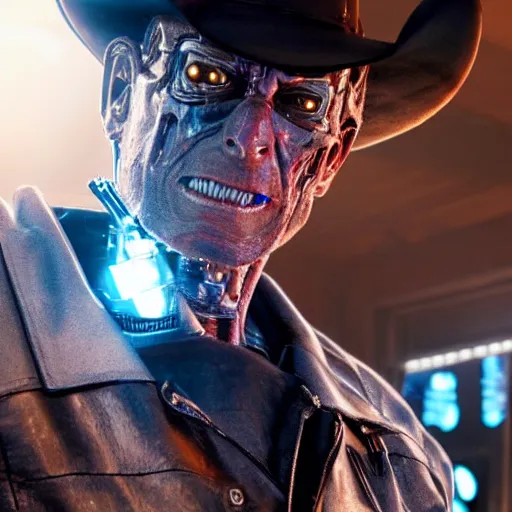 Image similar to a terminator android dressed as a cowboy, 8 k, movie still, high detail