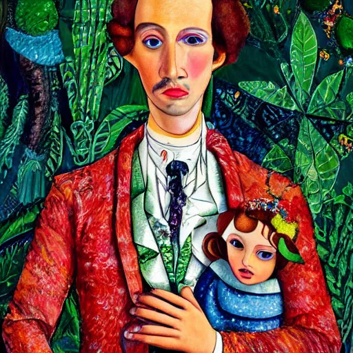 Prompt: hyperdetailed maximalist half-lenght portrait of a futuristic father with a beautiful child, wearing elaborate clothing overgrown by plants. rococo architecture, in the style of Modigliani, childrenbook illustration, mixed media collage. matte background HD 8x