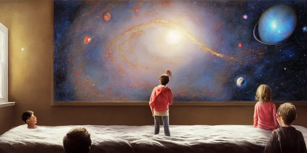 Image similar to one 5 year old boy and one 1 2 year old girl looking at the wall of their bedroom and seeing the universe full of galaxies and planets, imagination, part by norman rockwell, part by greg rutkowski, part by mattias adolfsson, high angle, ( ( ( ( volumetric lighting ) ) ) ), oil on canvas