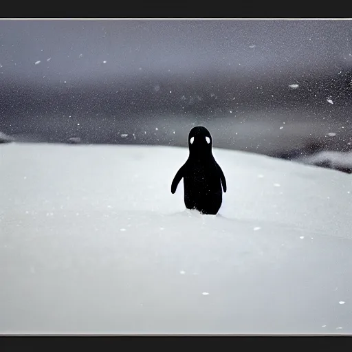 Image similar to hyperrealistic photo of pingu in real life, an arctic wildlife photographer's picture, extremely detailed, impressive shading, snowscapes in the beakground