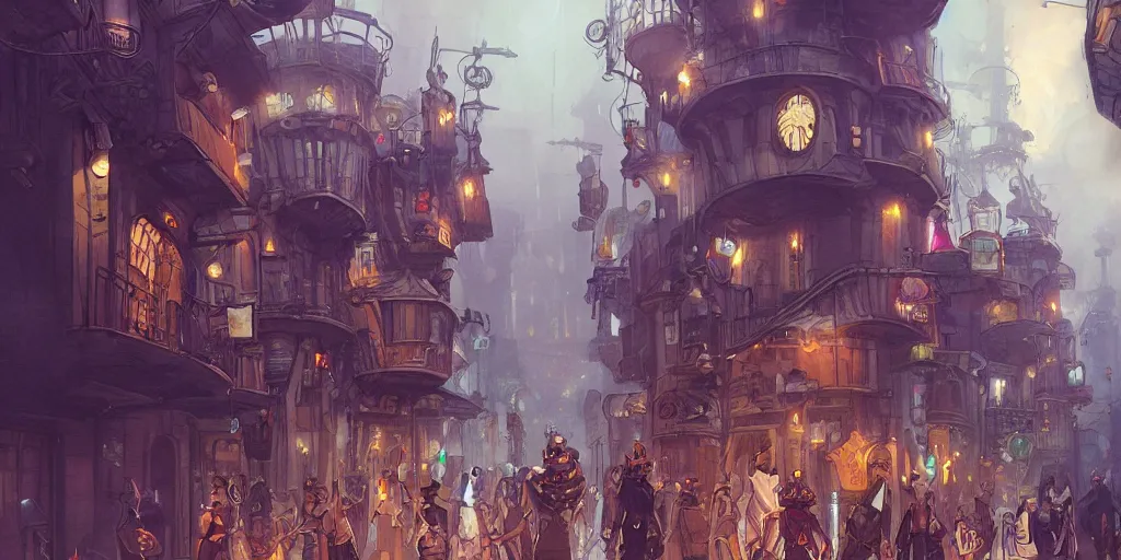 Image similar to a street of a big flying steam punk city full of people with strange costumes by Loish, artstation