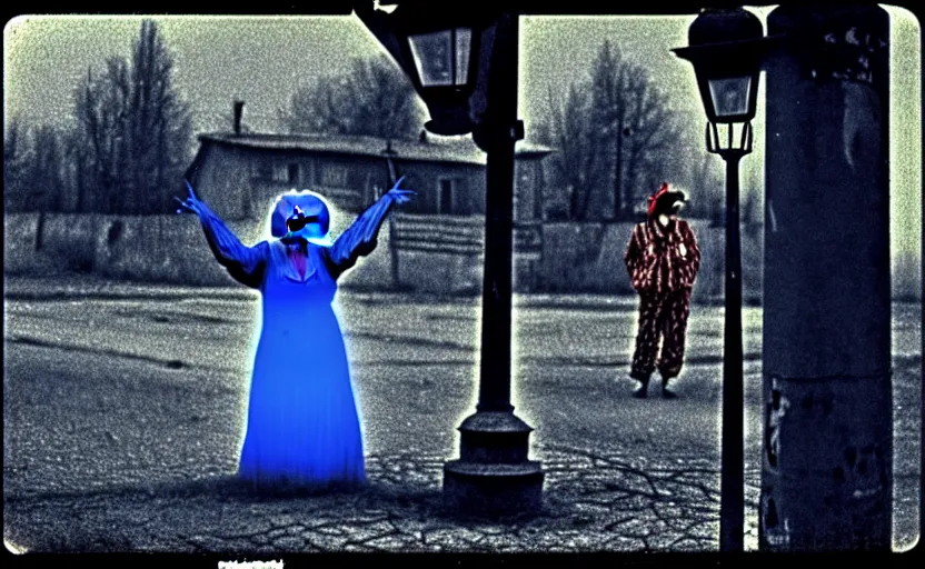 Prompt: a thin scary woman clown with scary face in torn clothes stands under a lamppost that shines a blue light on the clown, pitch darkness around the post, everything happens at night in an old Soviet village, the photo was taken from afar, Colourful, Cinematic, filmic, 35mm, dark atmosphere, horror, scary, Wildlife photography, Polaroid, bad quality