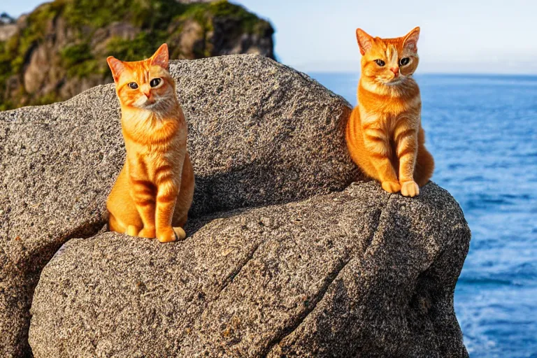 Prompt: orange tabby cat sitting on a rock facing towards ocean, image taken from afar, realistic lighting, highly detailed, rule of thirds, by charles angrand