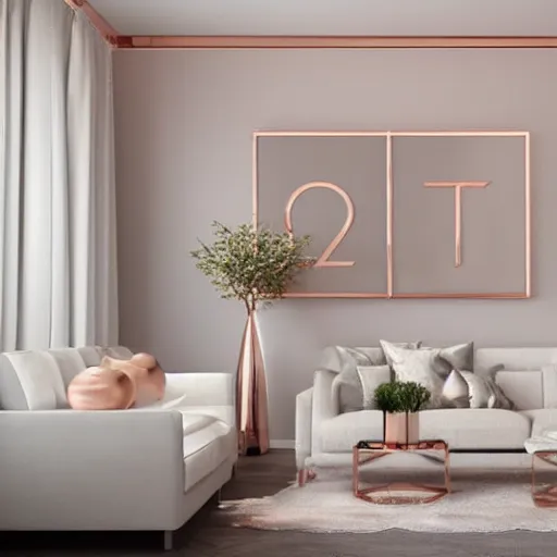 Image similar to 3 d render of white living room with rose gold metallic accents