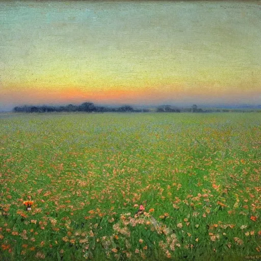 Prompt: morning, flowers field, sunrise by Birge Harrison