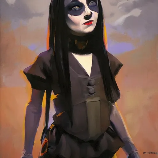 Image similar to greg manchess portrait painting of wednesday from addams family as overwatch character, medium shot, asymmetrical, profile picture, organic painting, sunny day, matte painting, bold shapes, hard edges, street art, trending on artstation, by huang guangjian and gil elvgren and greg rutkowski