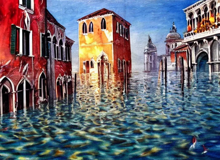 Prompt: painting of Venice completely flooded, underwater view, fishes, dystopian, dark feeling, ambience lighting