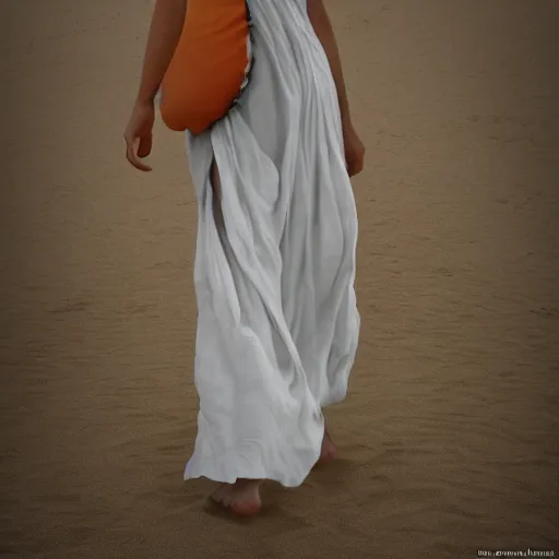 Prompt: a girl with long white long dress walking in white sand beach some crows around her by egon schiele and michael angelo, baroque, neo Gothic,matte painting, baroque detailes,photo real,concept art,highly detailed,sharp lines, hdri, 4k