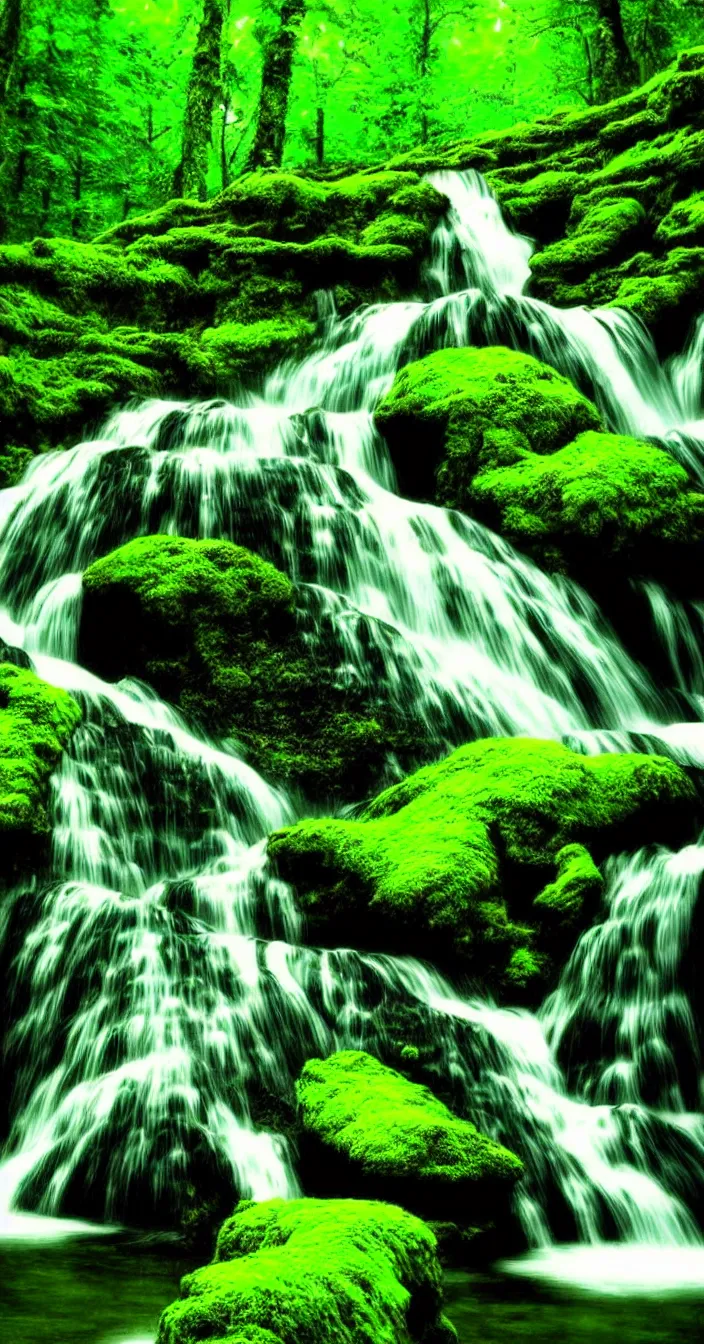 Image similar to realistic photo of waterfalls flowing from lush green mountains, very sharp focus, in the style of greg rutswoski, very hyper realistic, highly detailed, fantasy art station