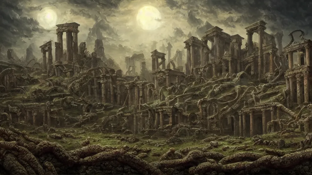 Image similar to elaborated ornate painted illustration of the non-ecludian cyclopean ruins of the dead city of the elder gods, matte painting, dramatic lighting, highly detailed oil painting, 8k resolution, sorrowful nostalgic awe-inspiring atmosphere, masterpiece