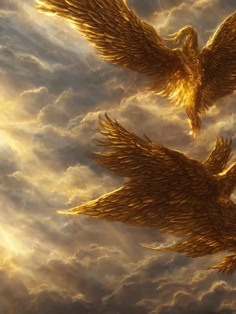 Prompt: A golden phoenix soaring in the clouds, A beam of holy light hits the phoenix，fantasy matte painting，cg concept design，Illustrations， rich colors, high details，light effect，by Fenghua Zhong and Huang Guangjian ,trending on cgsociety and artstation，8kHDR，