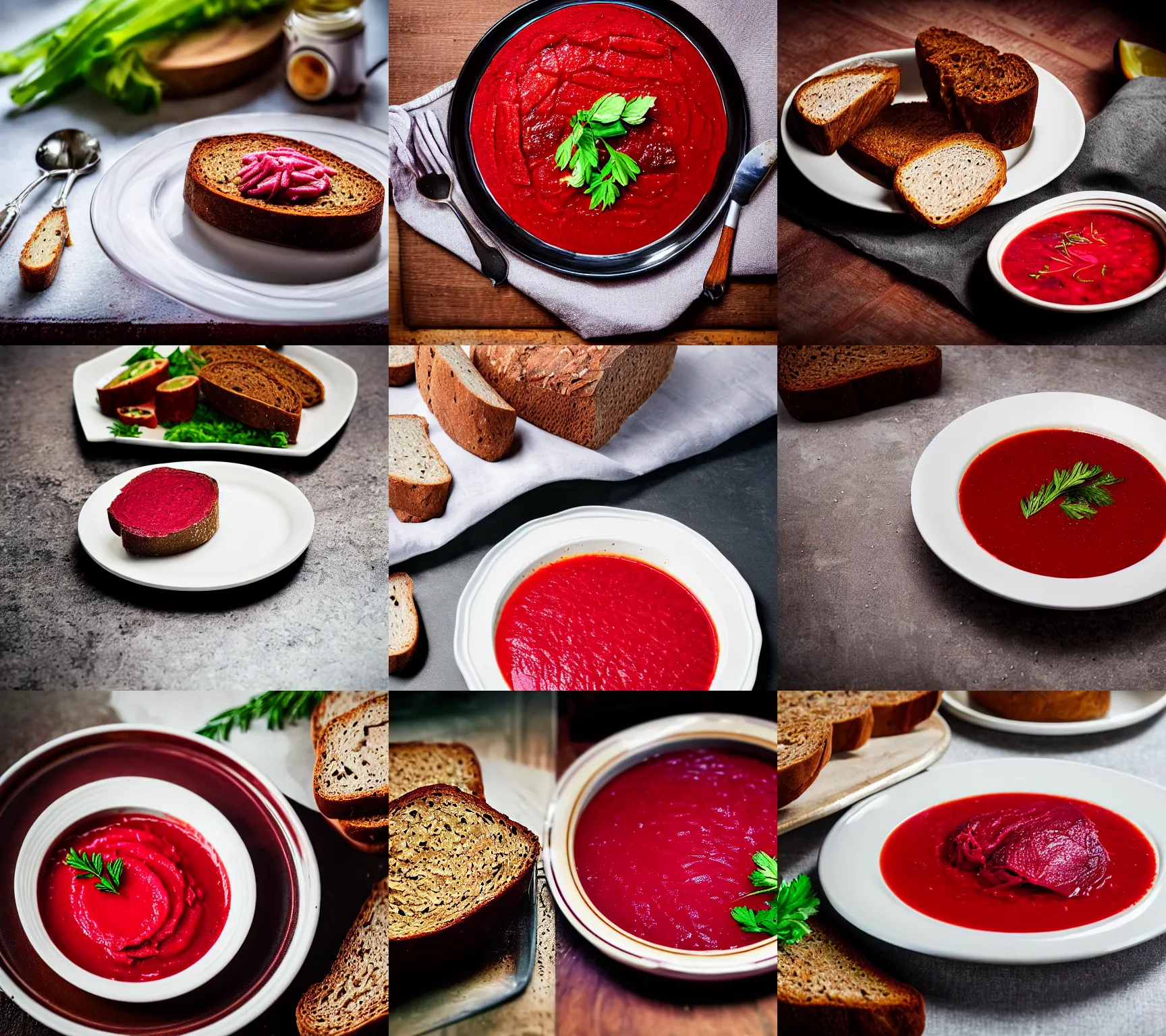 Prompt: plate of borscht, brown bread with sliced salo, hyper realistic, extremely detailed, foodphoto, photorealism, garlic on background, side view, bokeh, epic lightning, yamy, leica 8 5 mm f 1. 5!!