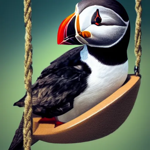 Image similar to realistic puffin sitting on a swing, hyper detailed, trending on artstation