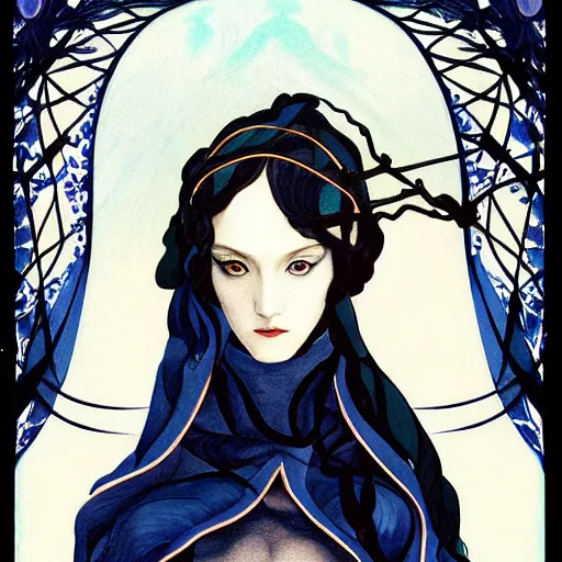 Image similar to 3 Winter Deities, (December, January, and February), in a mixed style of Æon Flux, Peter Chung, Botticelli, and John Singer Sargent, inspired by pre-raphaelite paintings, shoujo manga, and cool Japanese street fashion, sparse Winter landscape, dark and moody colors, hyper detailed, super fine inking lines, dramatic color, 4K extremely photorealistic, Arnold render