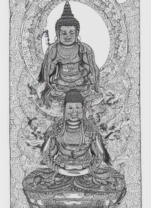 Image similar to detailed pen and ink illustration of a Buddhist bodhisattva with a bears head, anthropomorphic, all drawn with micron, seated in royal ease, 0.2 black micron pen on white paper, highly detailed, fine pen work, white background, in the style of Olivia Kemp