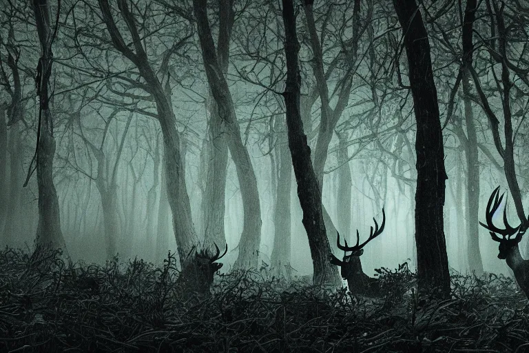 Prompt: a creepy dark forest illuminated by a bioluminescent stag, night