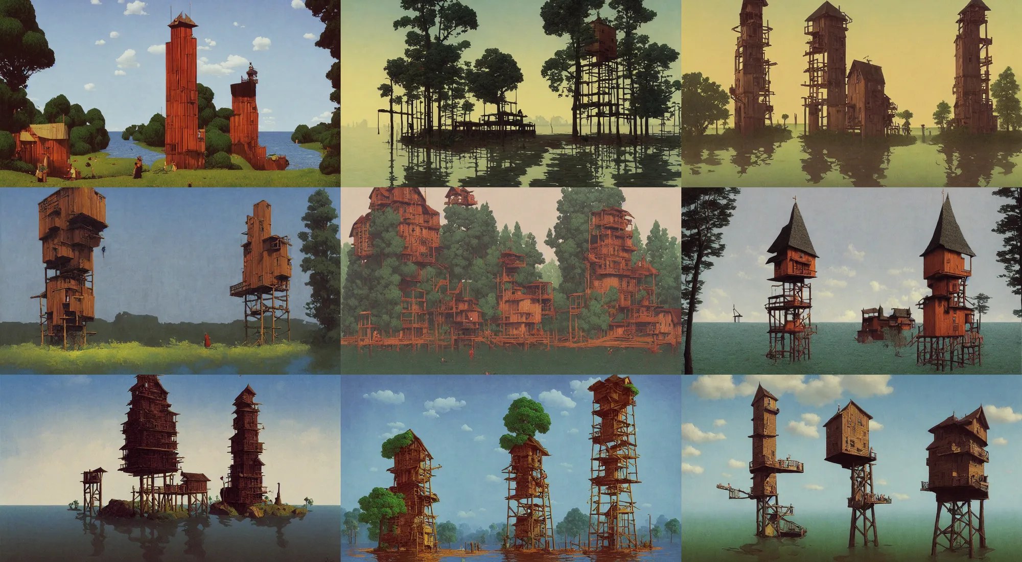 Image similar to single flooded simple wooden tower!, very coherent and colorful high contrast!! masterpiece by rene magritte simon stalenhag carl spitzweg syd mead norman rockwell edward hopper james gilleard, minimalist, dark shadows, sunny day, hard lighting, tree