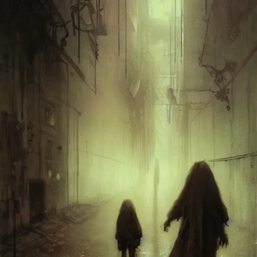 Image similar to dark alley full of homeless children, somber, by beksinski and jeremy mann and alphonse mucha and stan lee, fantasy art, photo realistic, dynamic lighting, artstation, poster, volumetric lighting, very detailed faces, award winning, full face, symmetry