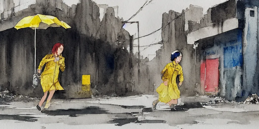Image similar to deserted dusty junk town, a girl with a parka and a yellow parasol is running, broken vending machines, scene from the movie Ghost in the shell, watercolor watercolor