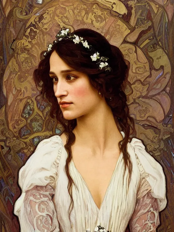 Prompt: an art nouveau style head and shoulders portrait oil painting of a pretty young alicia jessica vikander alba wearing a white victorian bridal gown, intricate, detailed, smooth, complex, elaborate, by alphonse mucha and james gurney and john william waterhouse and bouguereau