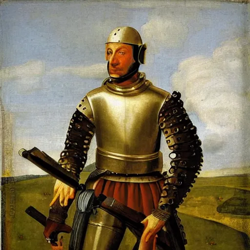 Prompt: portrait painting of a medieval knight holding a machine gun by George Stubbs, renaissance painting, oil painting, old master