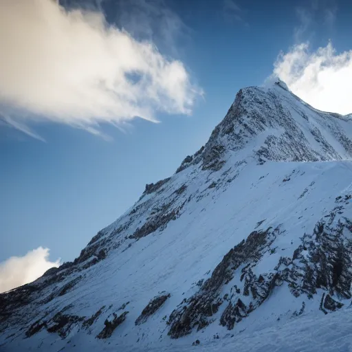 Prompt: A snow-capped mountain, where the only way to the top is through treacherous ice and snow, beautiful but deadly.