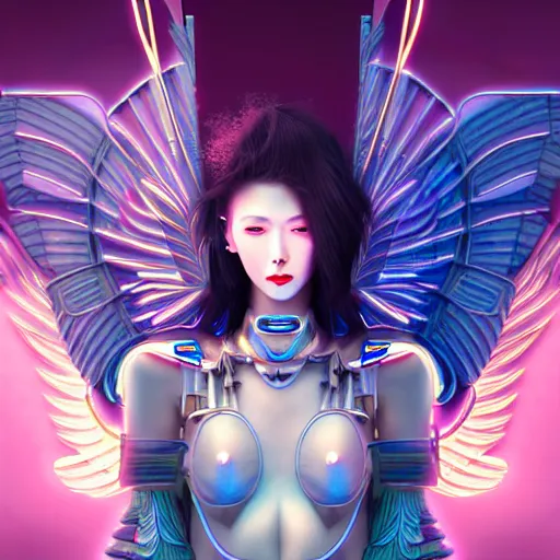 Image similar to portrait futuristic goddess angel Girl with wings and halo and armor and feathers, in future cyberpunk tokyo rooftop , ssci-fi, fantasy, intricate, very very beautiful, elegant, human anatomy, human structure, neon light, highly detailed, digital painting, artstation, concept art, smooth, sharp focus, illustration, art by tian zi and WLOP and alphonse mucha