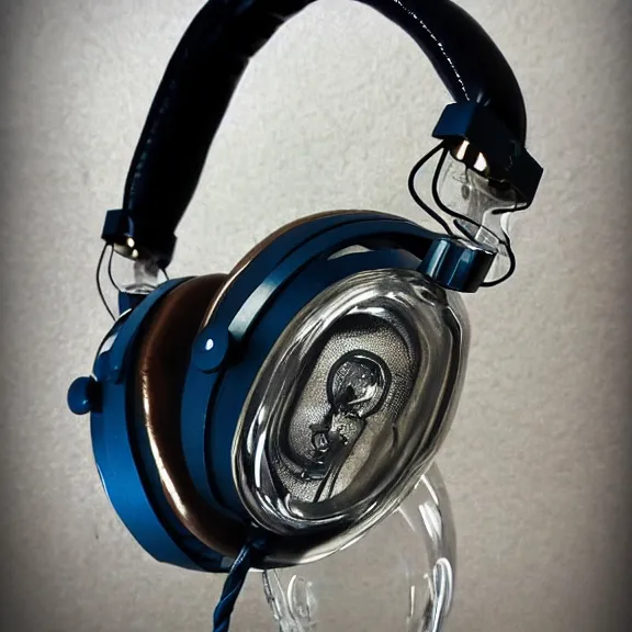 Image similar to masterpiece photo of beautiful hand crafted artistic detailed transparent headphones, bismuth metal, electronics see through, plush leather pad, modernist headphones, bismuth beautiful well designed, hyperrealistic, audiophile, intricate hyper detail, extreme high quality, photographic, audeze, sennheiser, raal, bang olufsen, abyssal