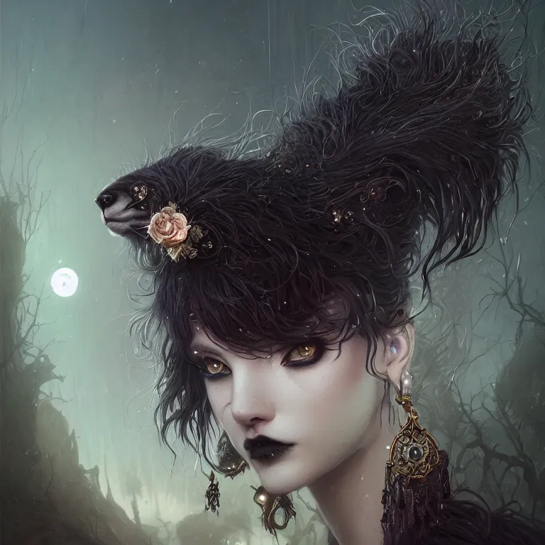 Prompt: highly detailed portrait of a goth alpaca, black eyeshadow, piercings, earrings, unreal engine, dark fantasy art by greg rutkowski, loish, rhads, ferdinand knab, makoto shinkai and lois van baarle, ilya kuvshinov, rossdraws, tom bagshaw, alphonse mucha, global illumination, radiant light, detailed and intricate environment