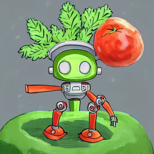 Prompt: cute robot made of plants with big tomato hat and a carrot sword, made in abyss style