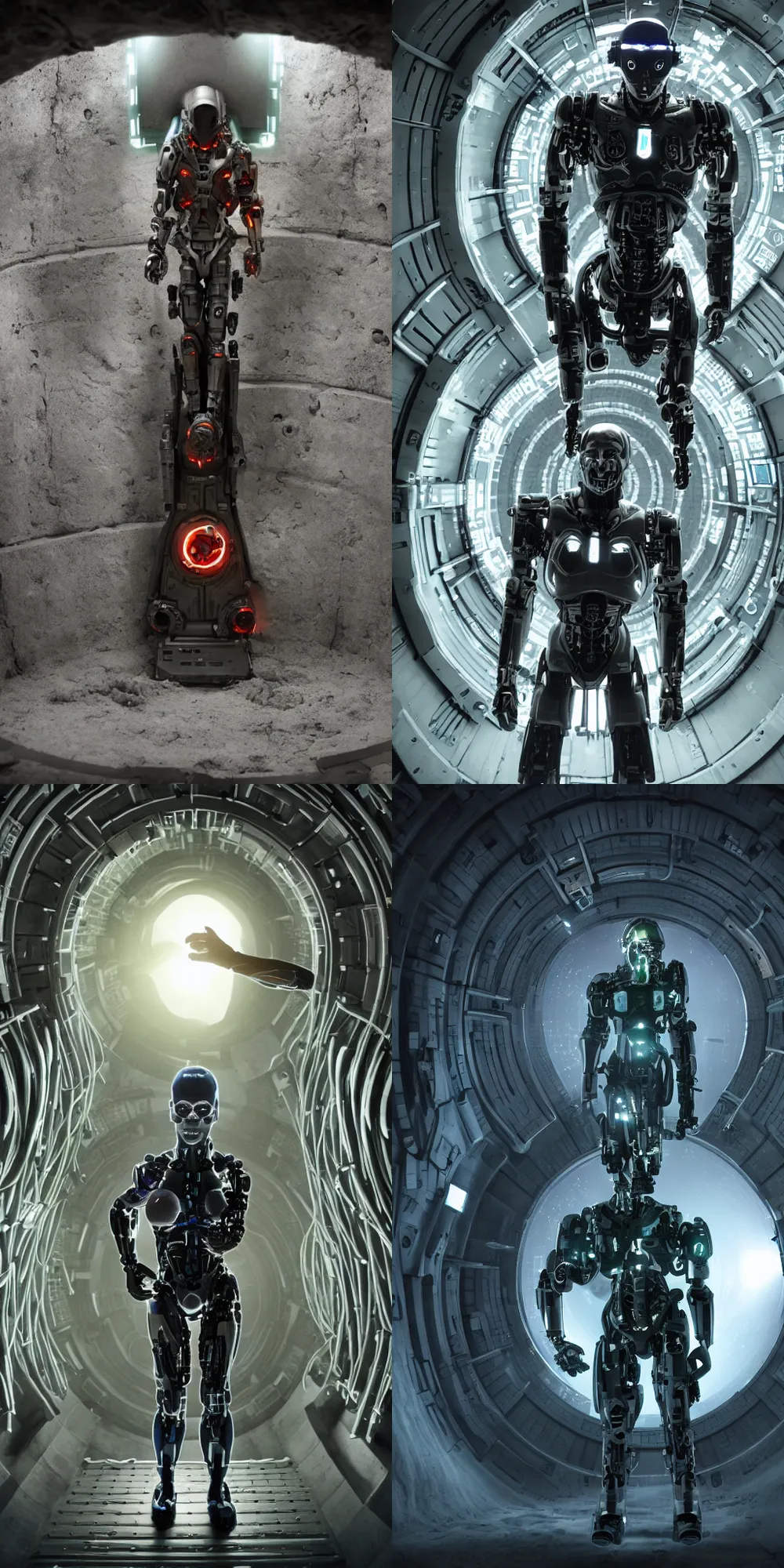 Prompt: cyborg in underground room in front of stargate