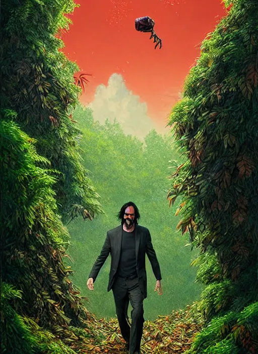 Image similar to highly detailed comedy caper movie poster with silly wacky zany keanu reeves as a sentient pile of leaves, keanu reeves green face as a sentient leafy bush by greg rutkowski, masterpiece, really funny, 1 0 / 1 0 comedy