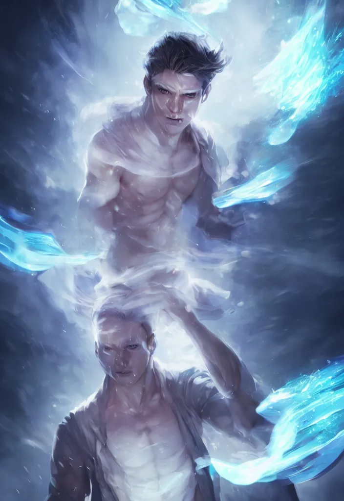 Prompt: a human elemental sorcerer, blurred environment background, magic effects, white skin, portrait, male, sharp focus, digital art, single subject, concept art, post processed, dynamic lighting, by emylie boivin and rossdraws