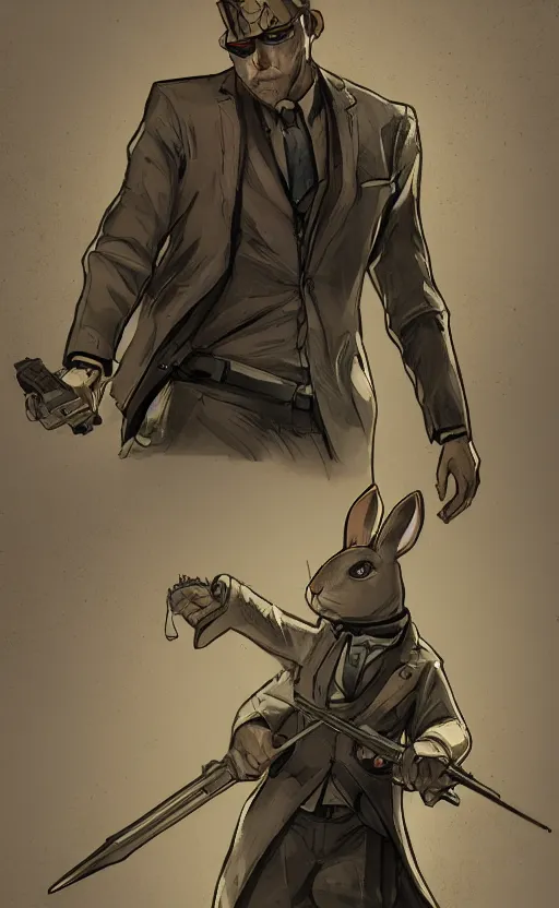 Image similar to rabbit as a hitman, dynamic lighting, fantasy concept art, trending on art station, stunning visuals, creative, cinematic, ultra detailed, comic strip style