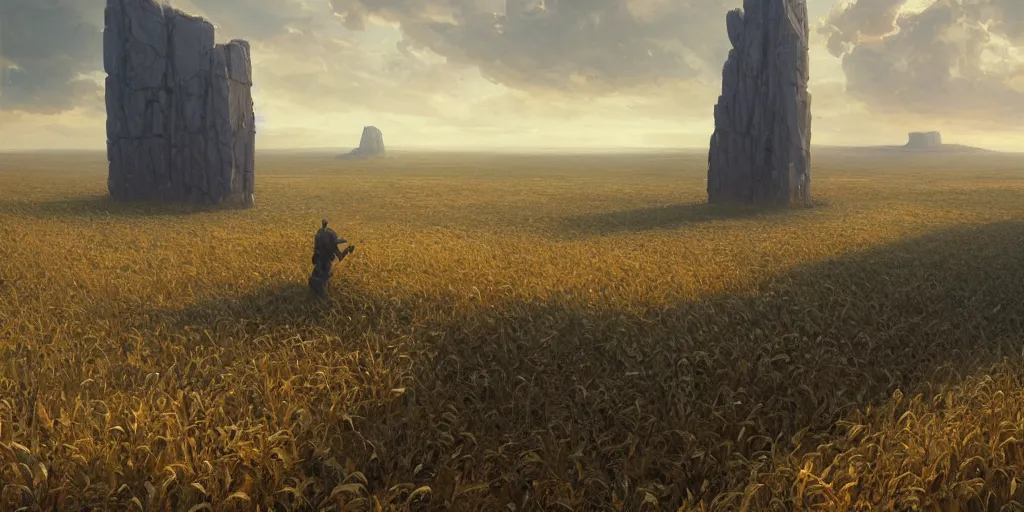 Image similar to wide shot of a monolith floating high above a cornfield, late afternoon, golden hour, highly detailed, smooth, sharp focus, concept art by greg rutkowski and jakub rebelka and ruan jia