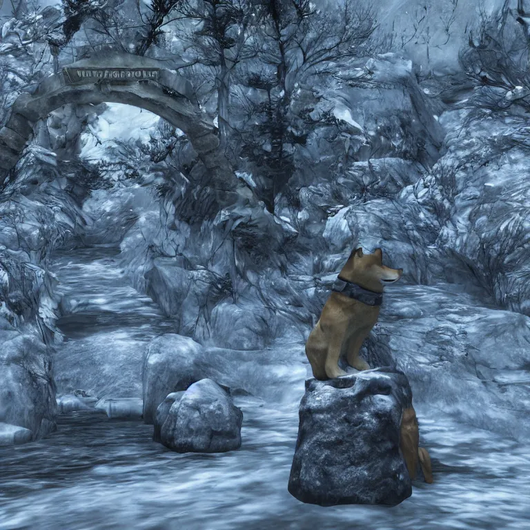 Prompt: an ancient and weathered stone shiba inu statue beside a frozen stream, underneath a nordic arch, skyrim pc screenshot